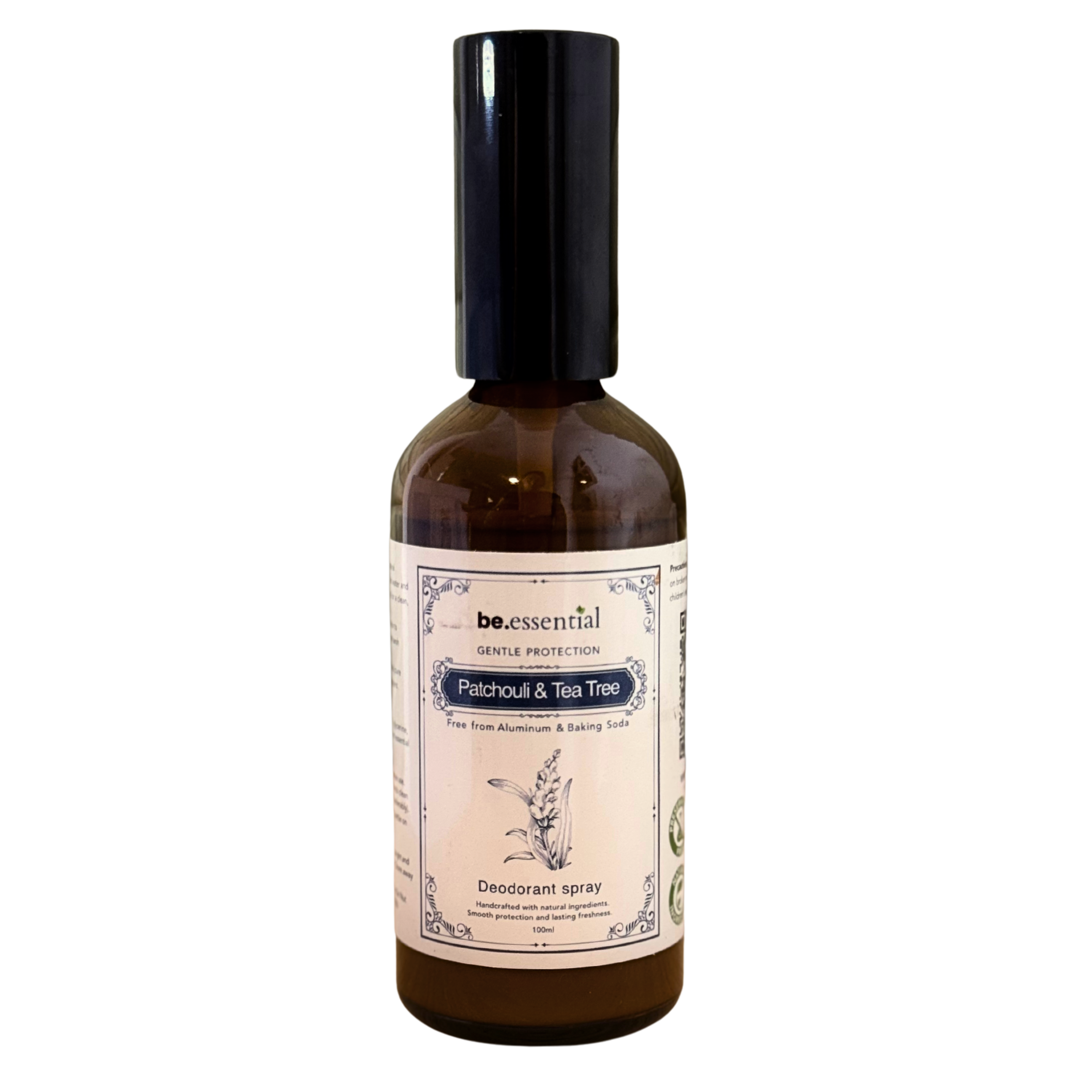 Be.essential สเปรย์ระงับกลิ่นกาย สูตรธรรมชาติ 100ml | Patchouli & Tea Tree | ปราศจากอะลูมิเนียม | ไม่มีเบกกิ้งโซดา | สูตรจากพืช