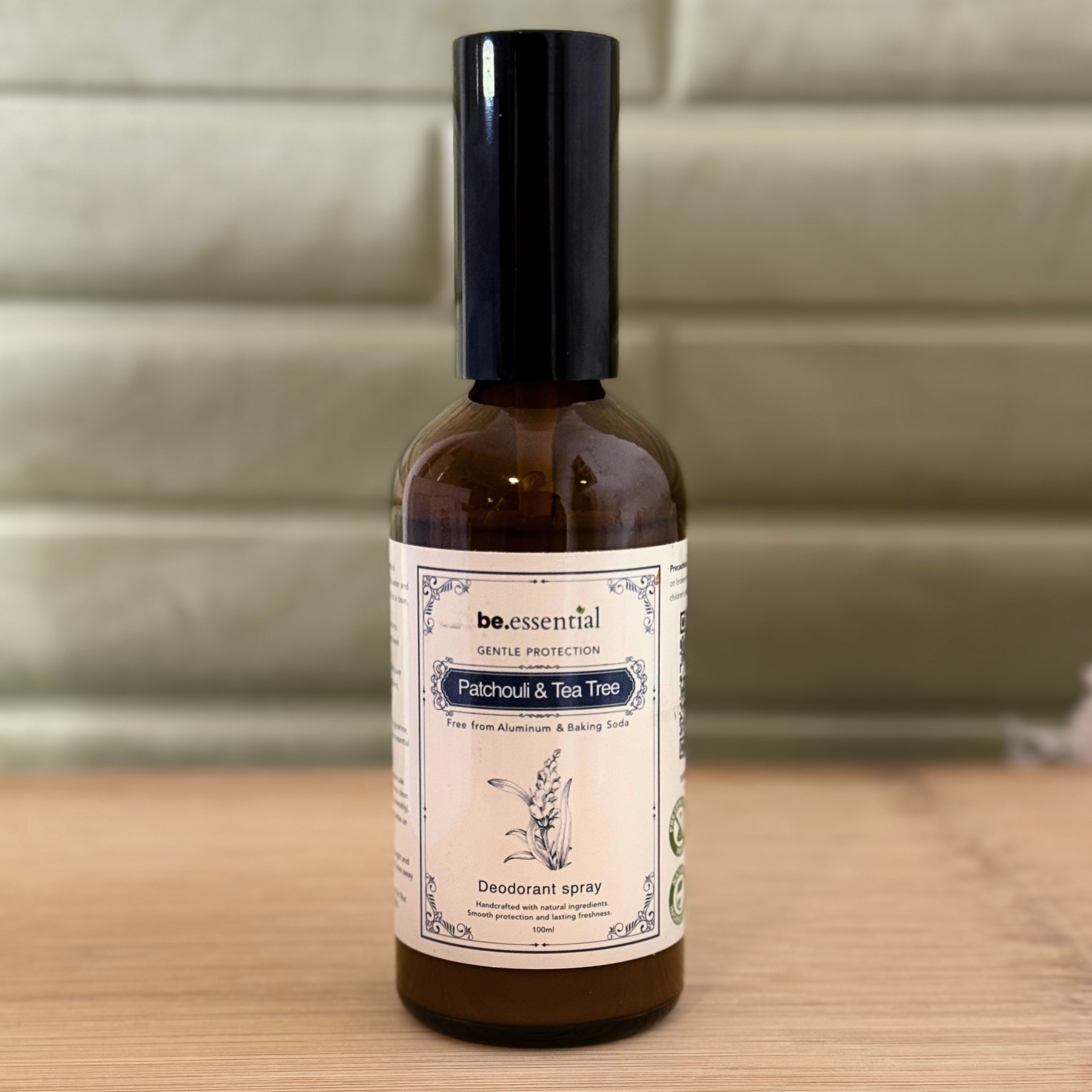 Be.essential สเปรย์ระงับกลิ่นกาย สูตรธรรมชาติ 100ml | Patchouli & Tea Tree | ปราศจากอะลูมิเนียม | ไม่มีเบกกิ้งโซดา | สูตรจากพืช